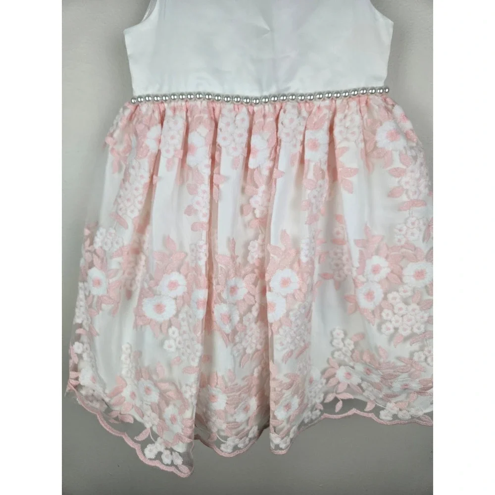 American Princess Girls Pink White Floral Lace Pearl Waist‎ Party Dress Size 5